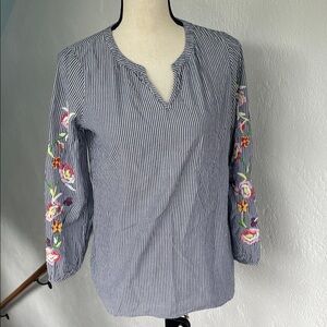 Talbots NWOT Cotton‎ Blue and White Striped Embroidered Women's Top Size SP